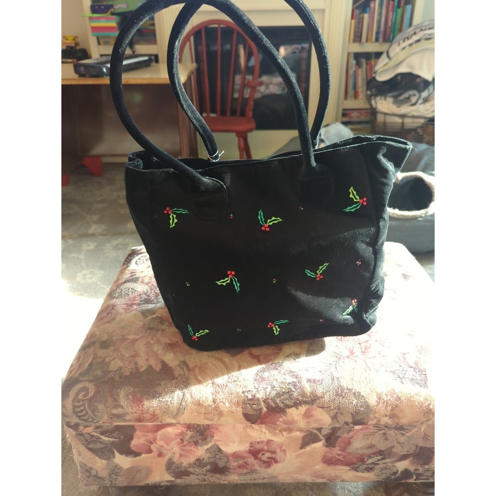 Black Velvet Embroidered Holly Berry Tote Bag Holiday Christmas Handbag 11x11